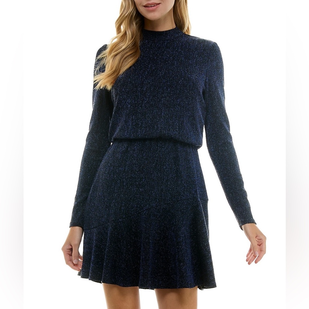 City Studios Mock-Neck Blouson Fit & Flare Dress Black Cobalt S NWT - Picture 6 of 6